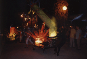 Marine-themed carts at night