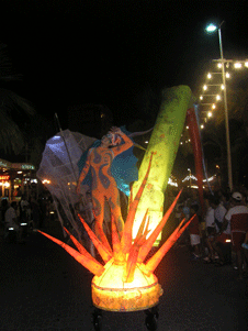 Sea-themed carts at night